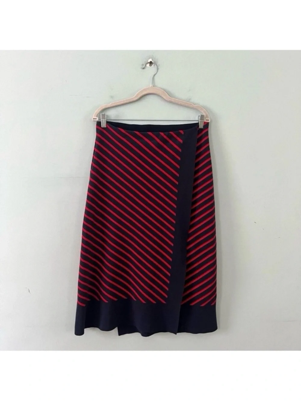 Tory Burch Anya‎ Knit Faux Wrap Medium Navy Blue Nantucket Red A-Line Midi Skirt
